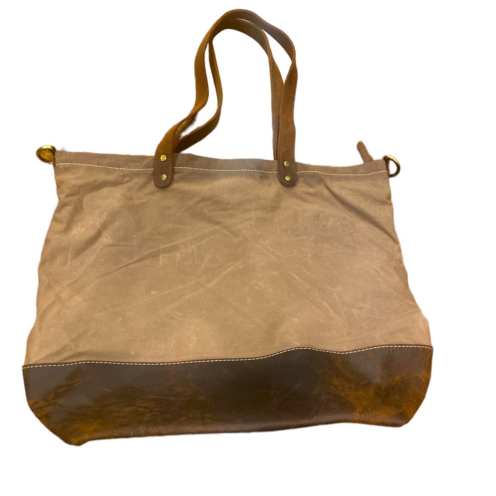 Kiko leather canvas plaid lined large tote purse bag Leather handles